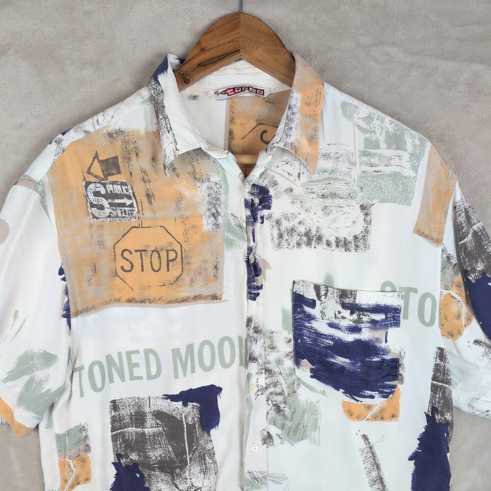 Vintage 90s Turbo Stoned Moon Men's L Abstract Print Shirt Grungecore Rave